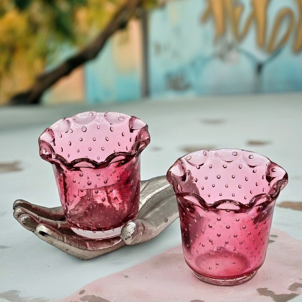 Murano Cranberry Bullicante Art Glass Votive Holders Ruffled Edge Pair Vintage